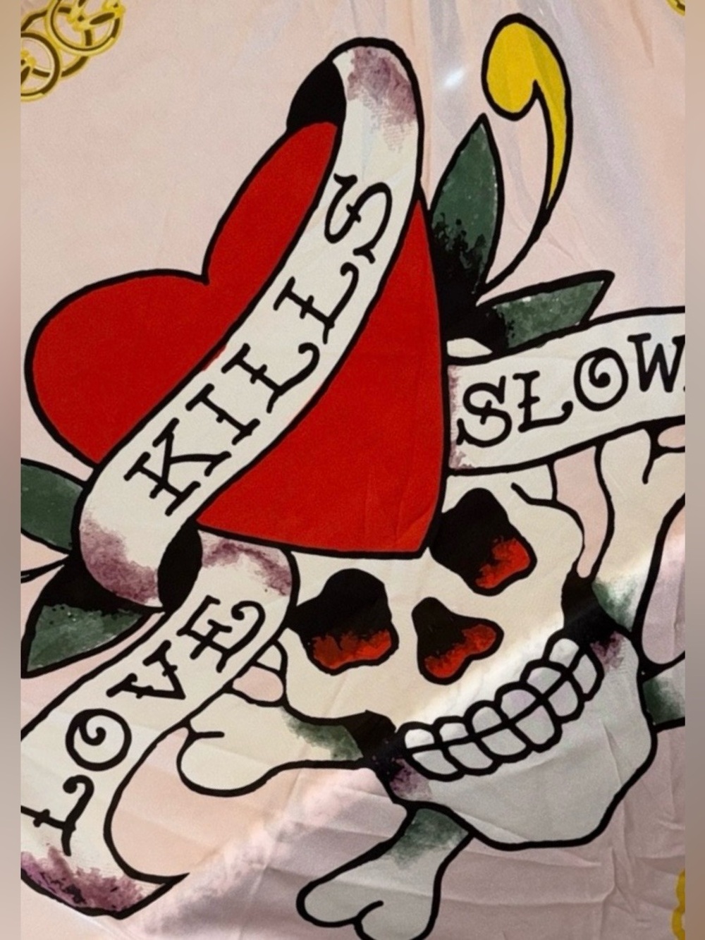 Ed Hardy Pink Scarf - Heart, Skull, Logo "Love Kills Slowly", Gold Chain Boarder